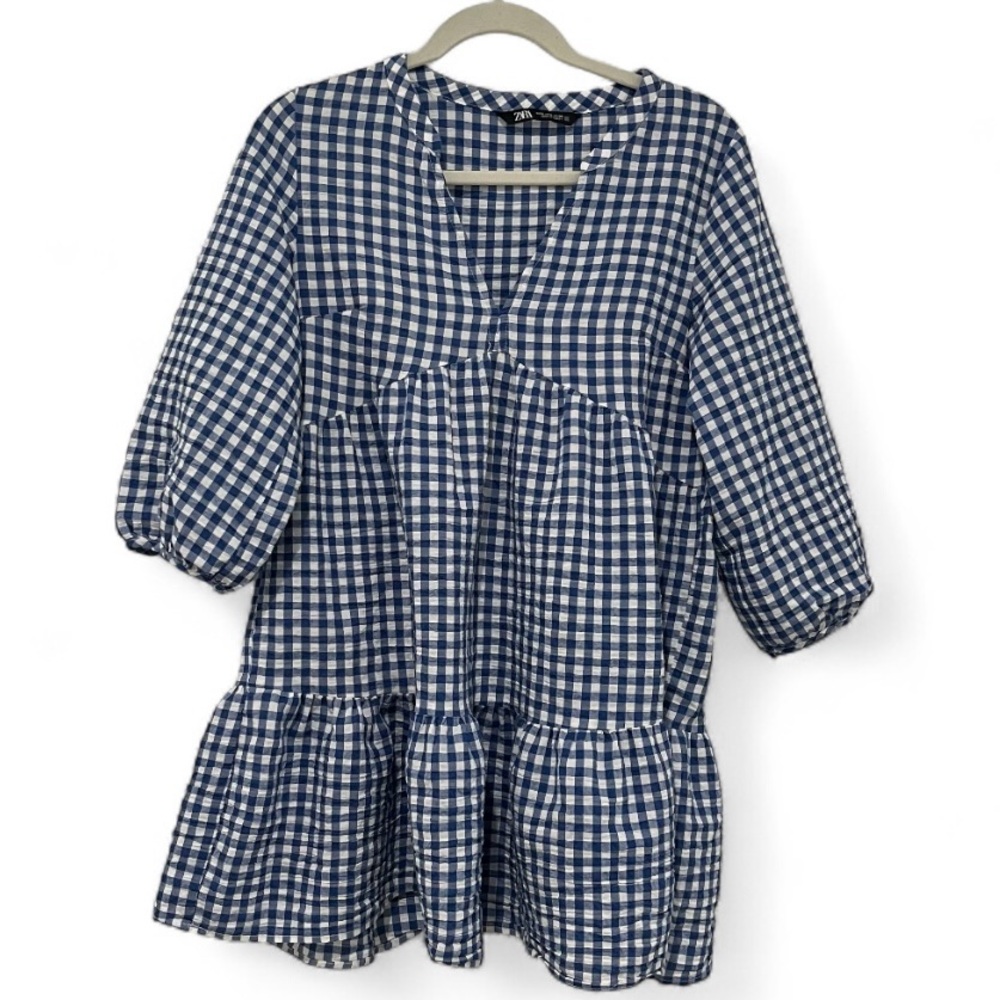Zara Babydoll Dress Blue and White Plaid Dress Size S gingham